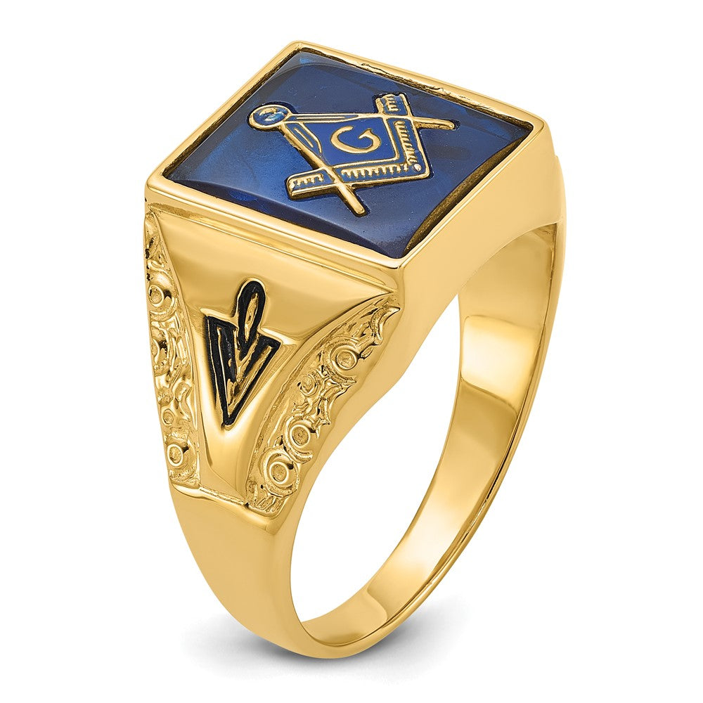 14k Men's Antiqued & Textured with Imit. Blue Spinel Masonic Ring