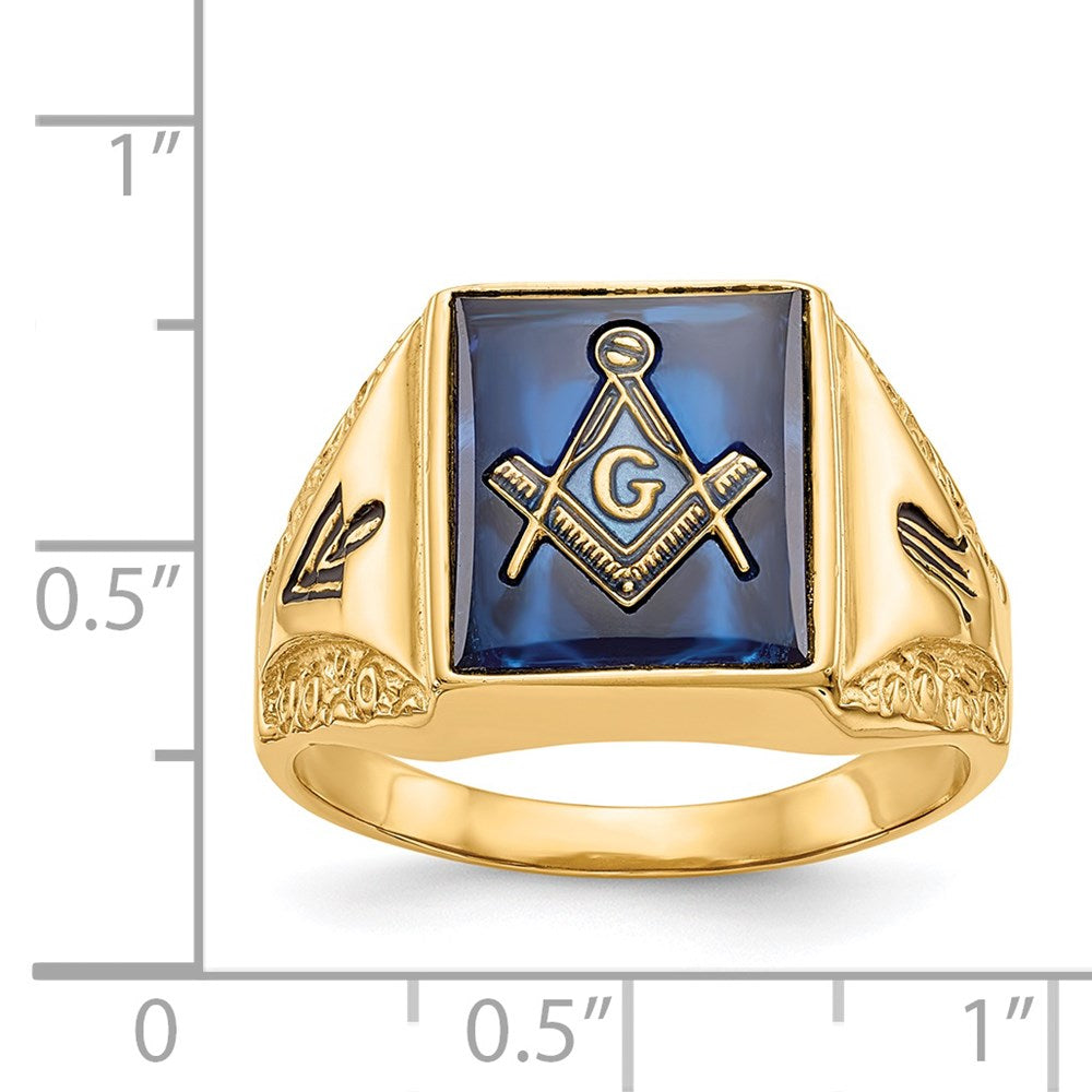 14k Men's Antiqued & Textured with Imit. Blue Spinel Masonic Ring