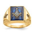 14k Men's Antiqued & Textured with Imit. Blue Spinel Masonic Ring