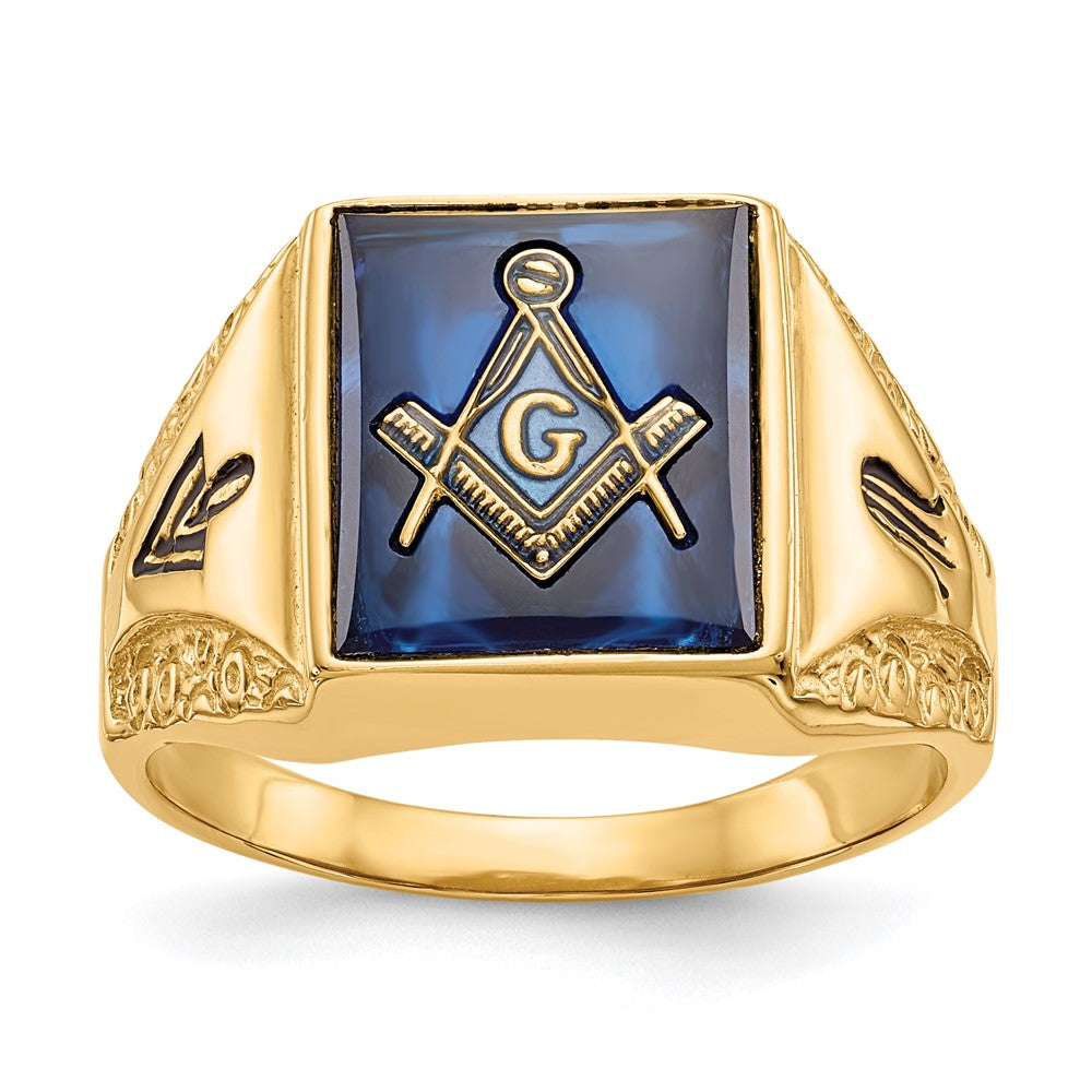 14k Men's Antiqued & Textured with Imit. Blue Spinel Masonic Ring