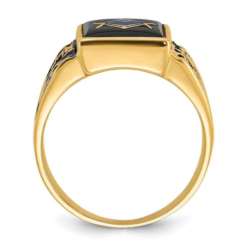 14k Men's Polished & Textured w/ Black Enamel & Onyx Masonic Ring