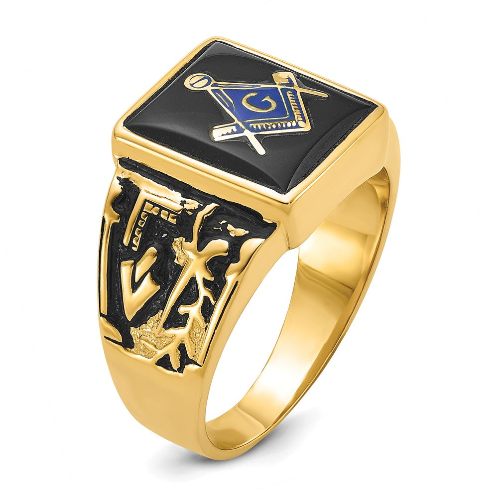 14k Men's Polished & Textured w/ Black Enamel & Onyx Masonic Ring