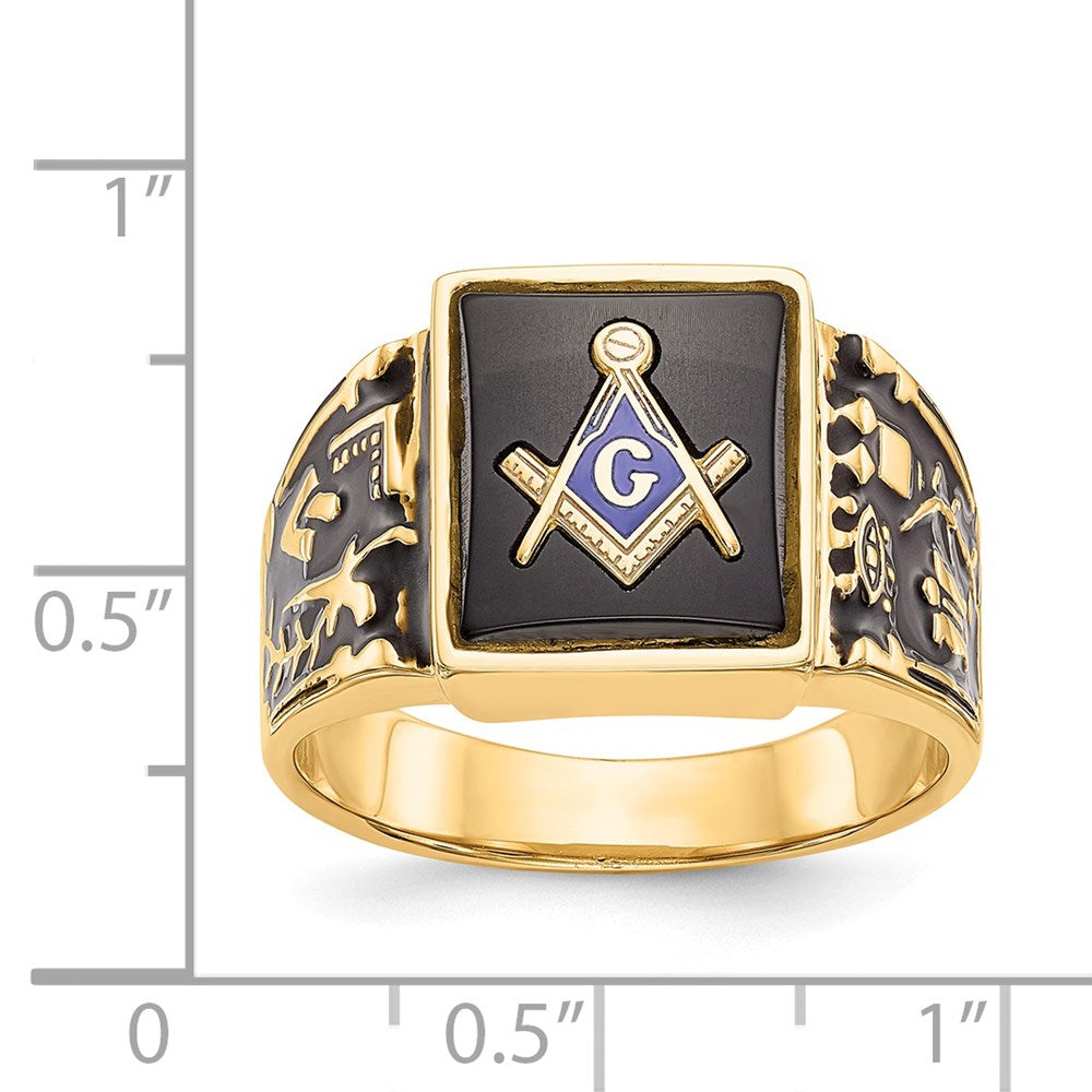 14k Men's Polished & Textured w/ Black Enamel & Onyx Masonic Ring