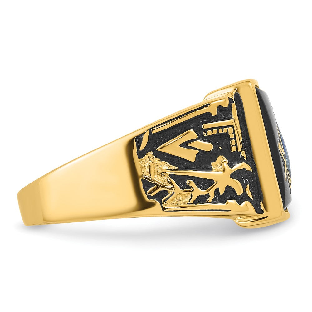 14k Men's Polished & Textured w/ Black Enamel & Onyx Masonic Ring