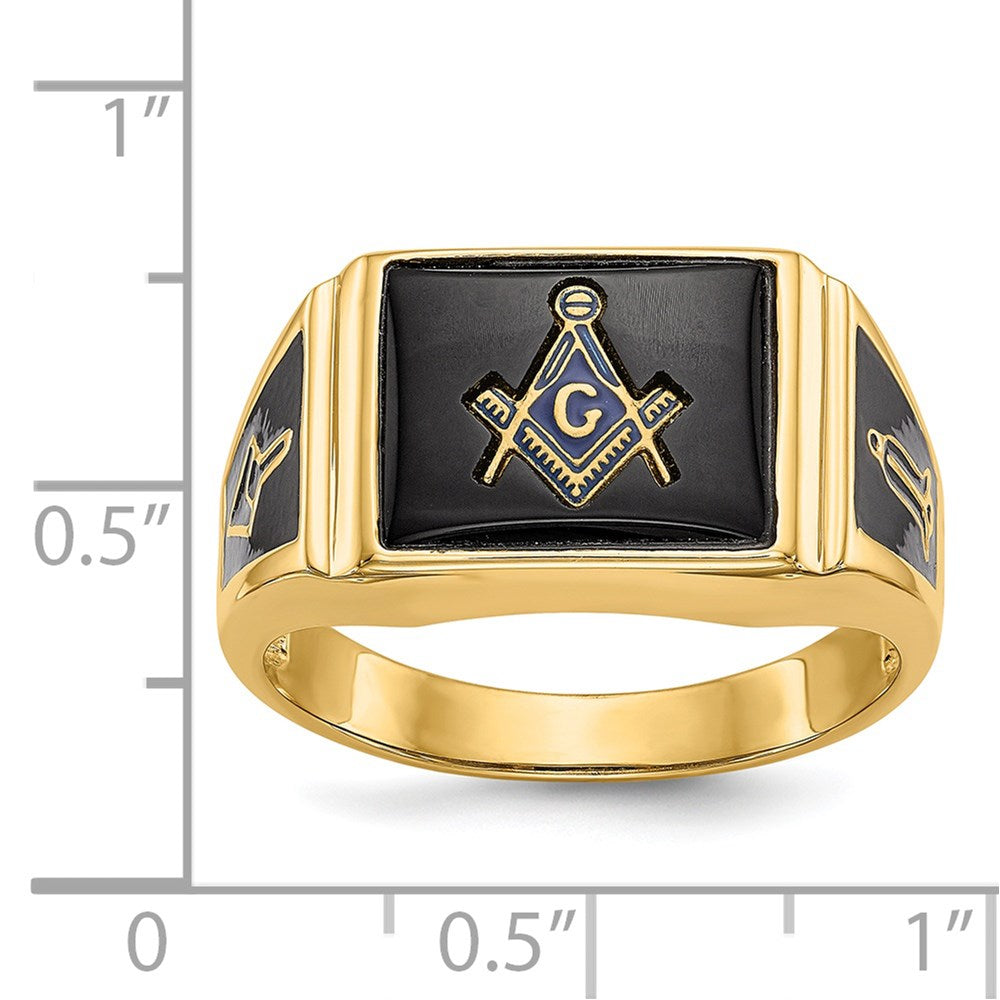 14k Men's Polished & Textured w/ Black Enamel & Onyx Masonic Ring