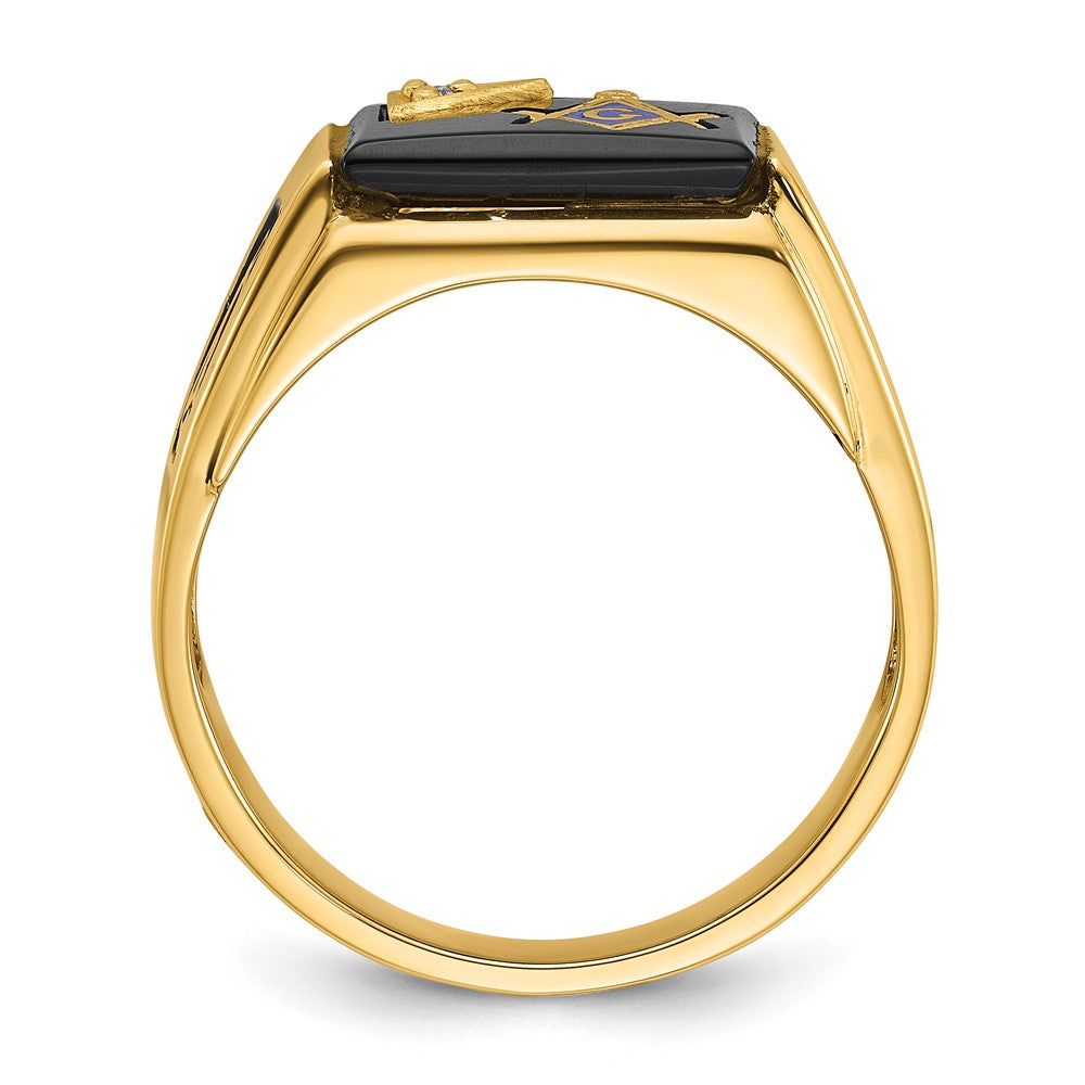14k Men's Textured w/ Black Enamel, Onyx & Diamond Masonic Ring
