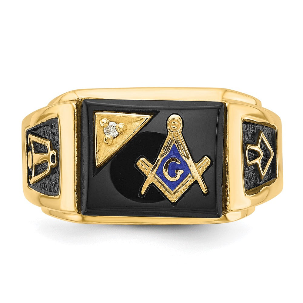 14k Men's Textured w/ Black Enamel, Onyx & Diamond Masonic Ring