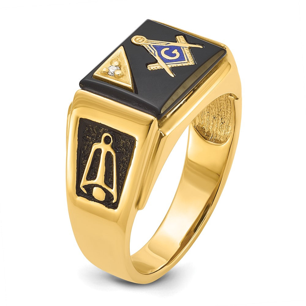14k Men's Textured w/ Black Enamel, Onyx & Diamond Masonic Ring