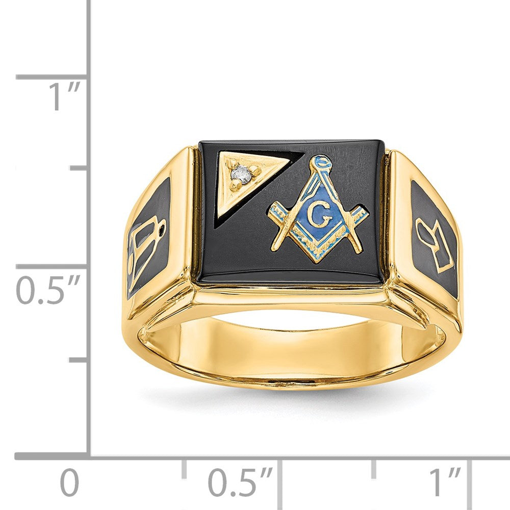14k Men's Textured w/ Black Enamel, Onyx & Diamond Masonic Ring