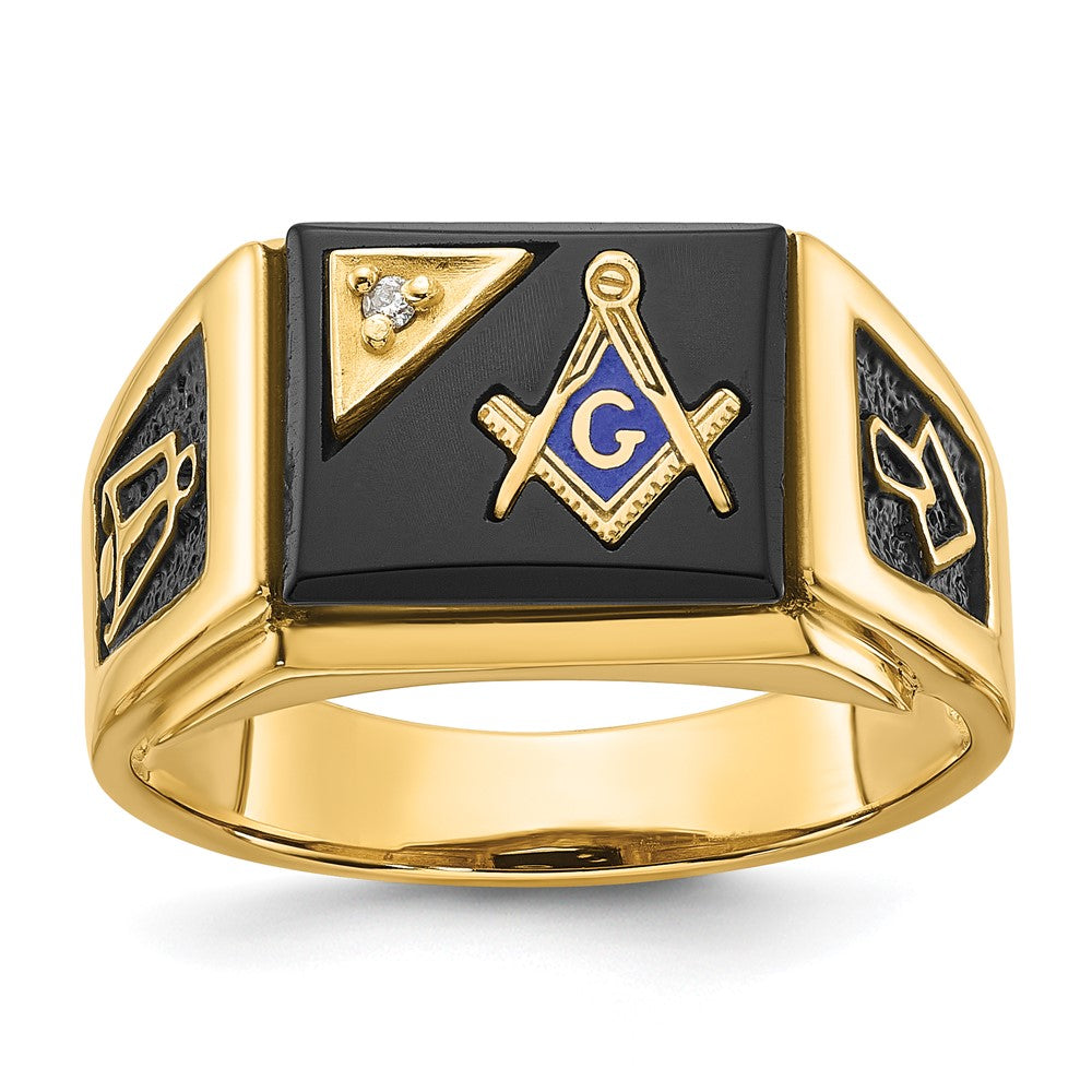 14k Men's Textured w/ Black Enamel, Onyx & Diamond Masonic Ring