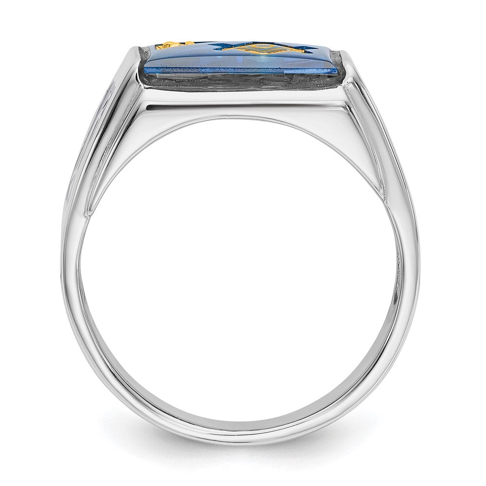 14kw Men's Textured, Enameled Dia Imit. Blue Spinel Masonic Ring