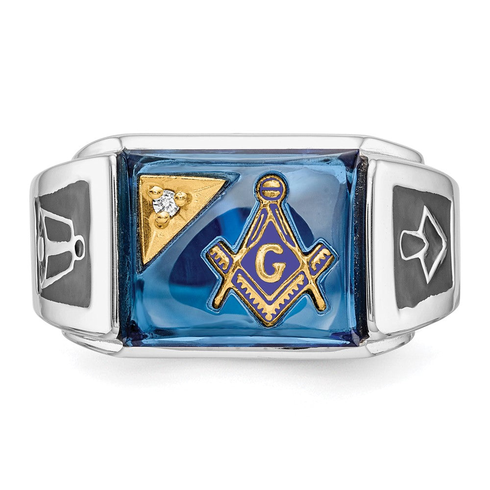 14kw Men's Textured, Enameled Dia Imit. Blue Spinel Masonic Ring