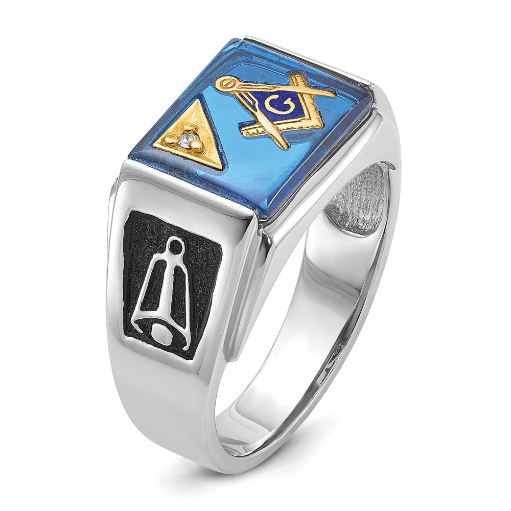 14kw Men's Textured, Enameled Dia Imit. Blue Spinel Masonic Ring