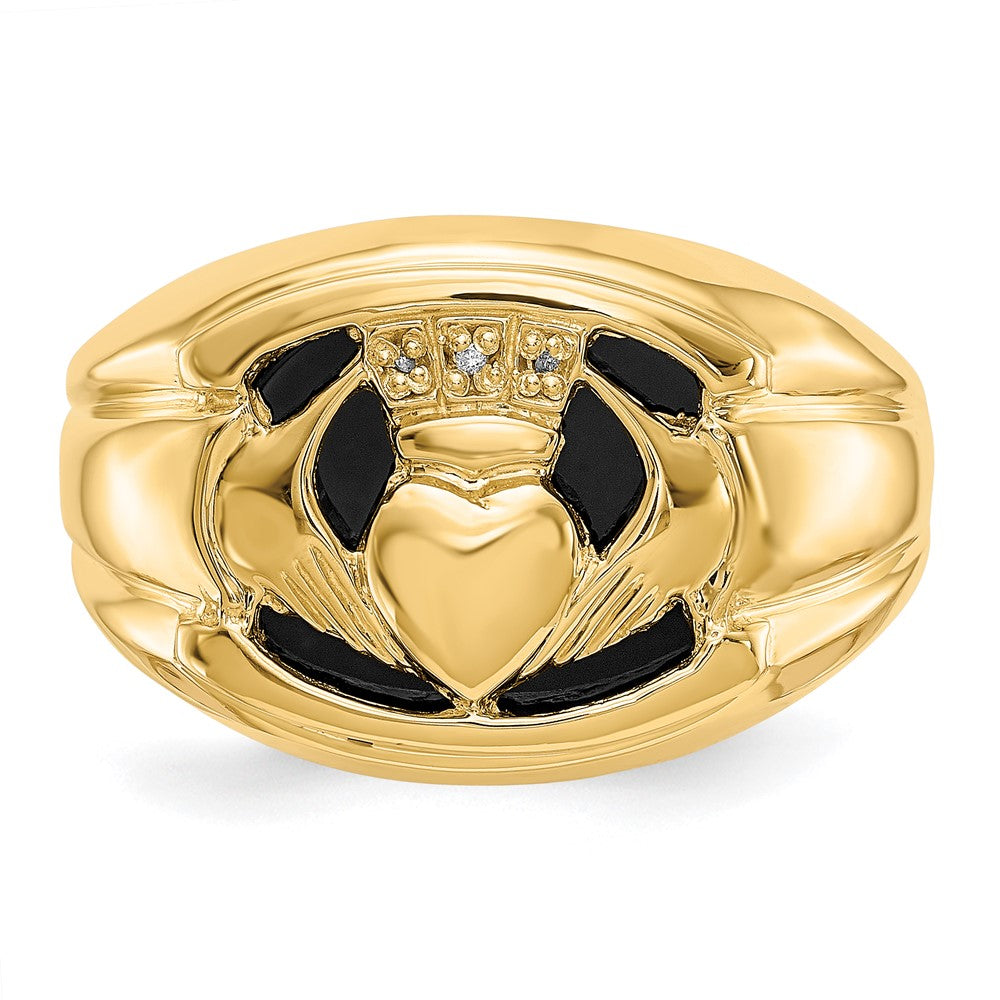 14k AA Diamond and Onyx Mens Claddagh Ring