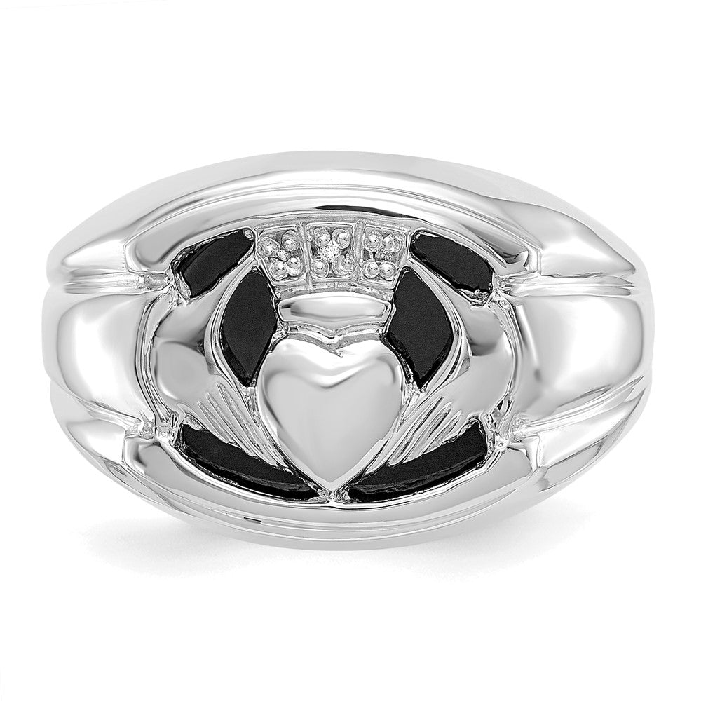 14k White Gold AA Diamond and Onyx Mens Claddagh Ring