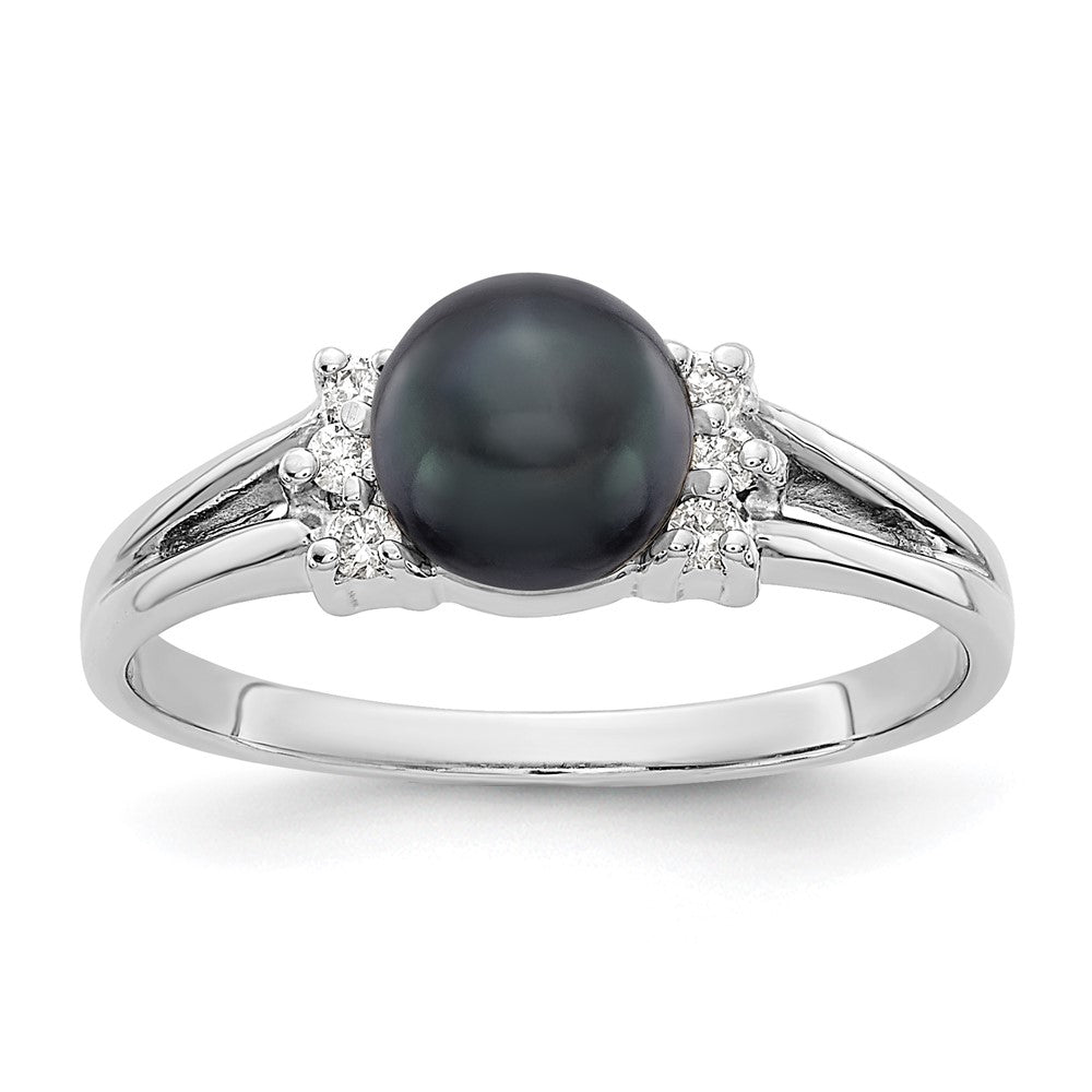 14k White Gold 6mm Black FW Cultured Pearl A Diamond ring