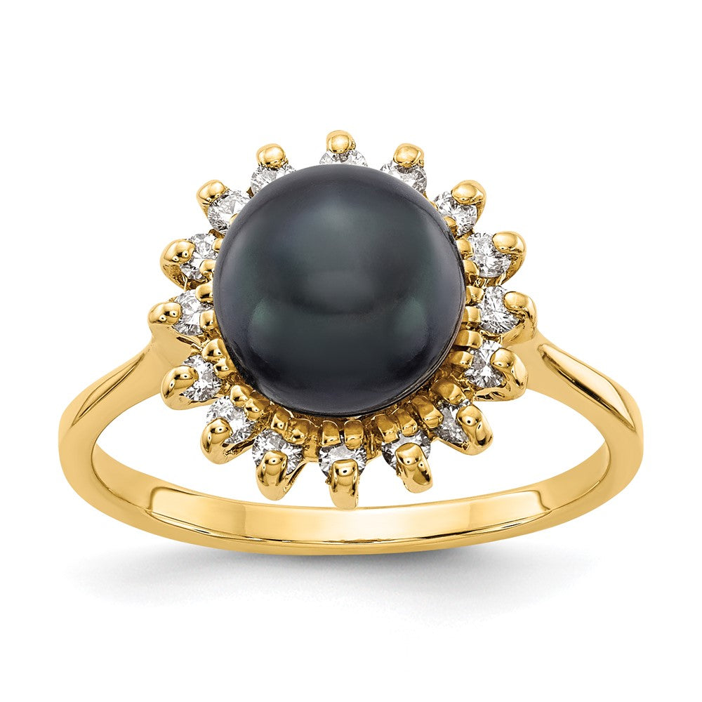 14k 7.5mm Black FW Cultured Pearl AA Diamond ring