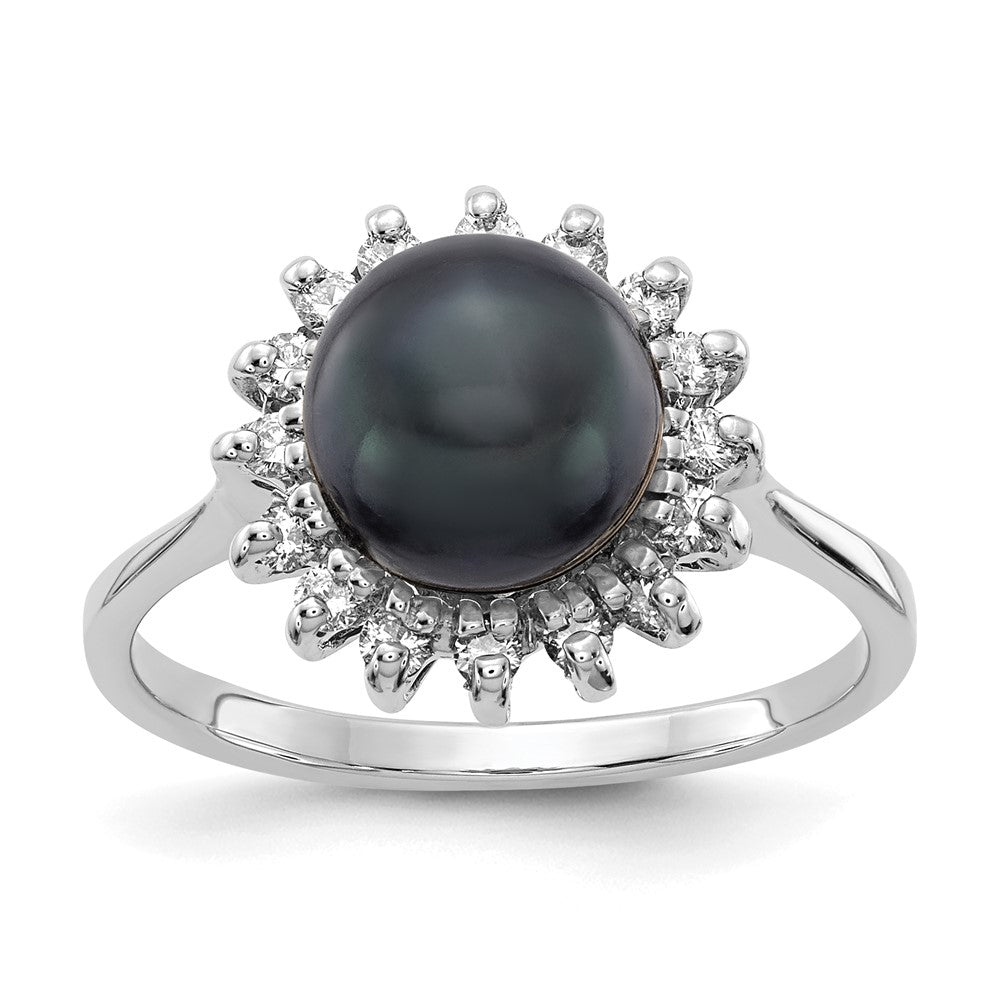 14k White Gold 7.5mm Black FW Cultured Pearl AAA Diamond ring
