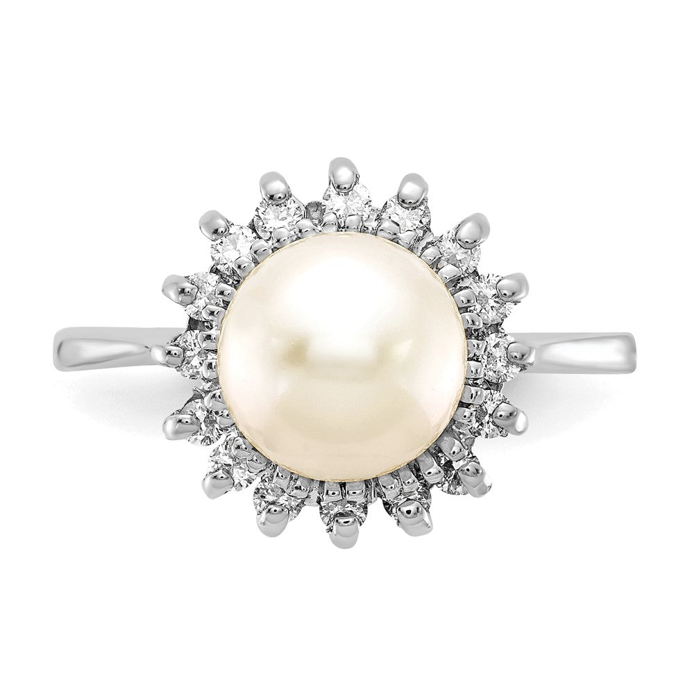14k White Gold 7.5mm FW Cultured Pearl AA Diamond Ring