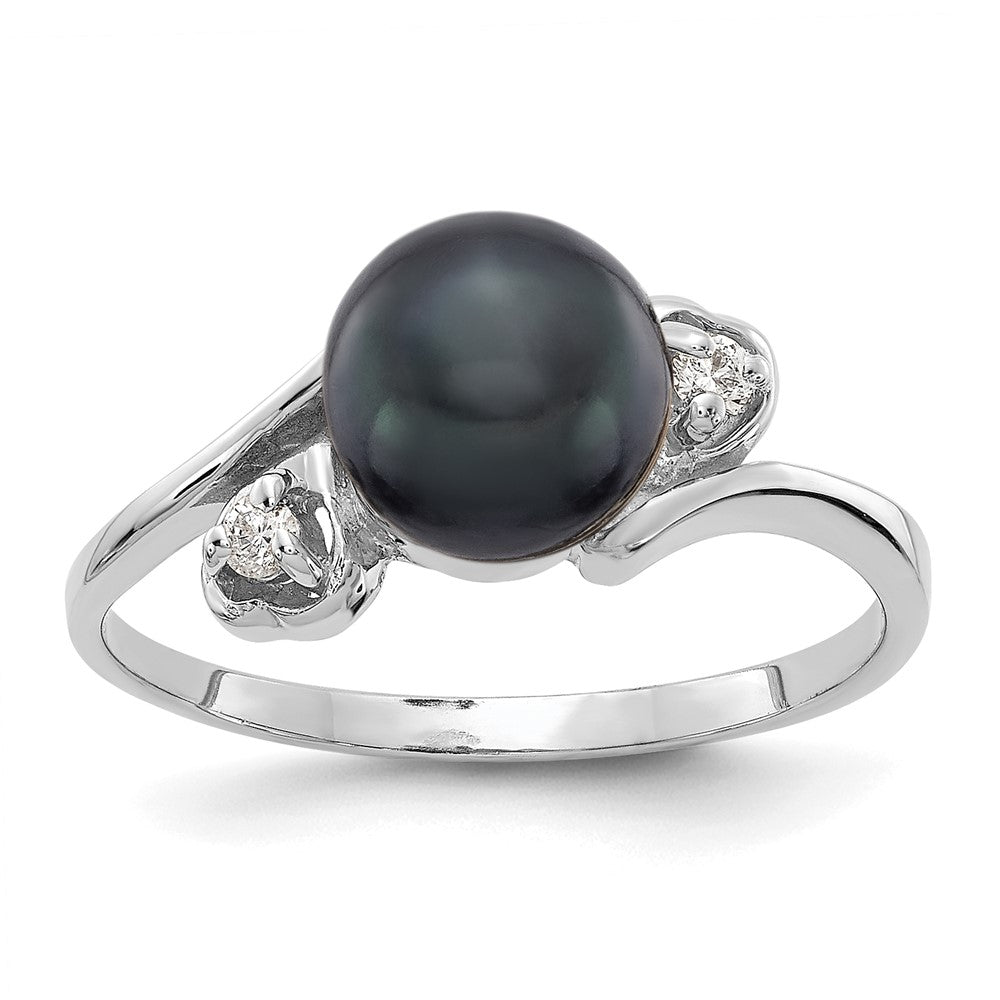 14k White Gold 7mm Black FW Cultured Pearl A Diamond ring