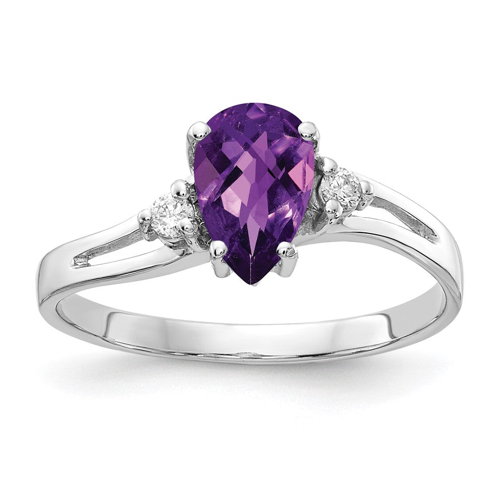 14k White Gold 7x5mm Pear Amethyst Checker A Diamond ring