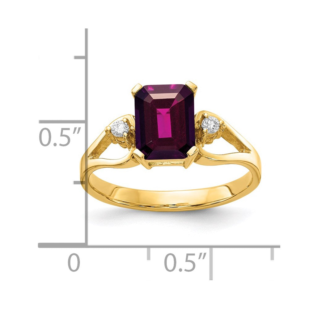 14k 8x6mm Emerald Cut Rhodolite Garnet AA Diamond ring
