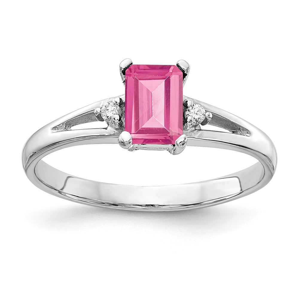 14k White Gold 6x4mm Emerald Cut Pink Tourmaline AAA Diamond ring