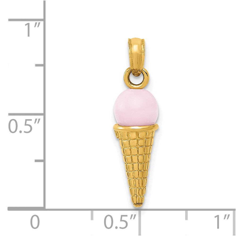 14K Satin Polished 3D Pink Quartz Ice Cream Cone Charm