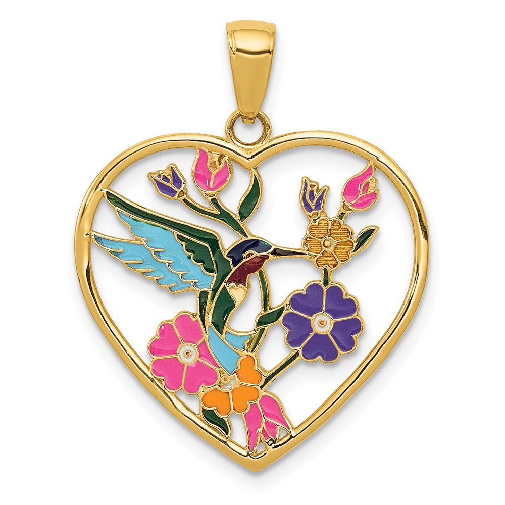 14k Enameled Hummingbird w/Flowers Heart Pendant