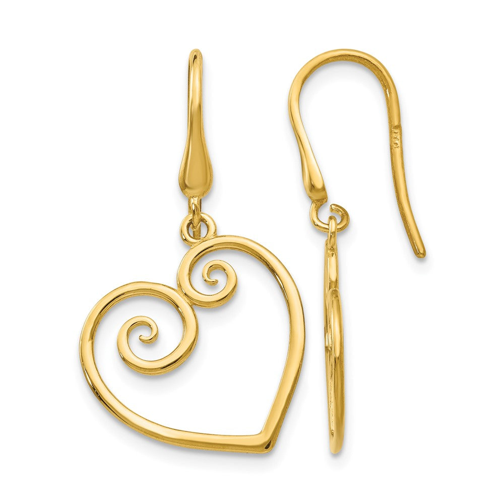 14K Yellow Gold Heart Dangle Shepherd Hook Earrings
