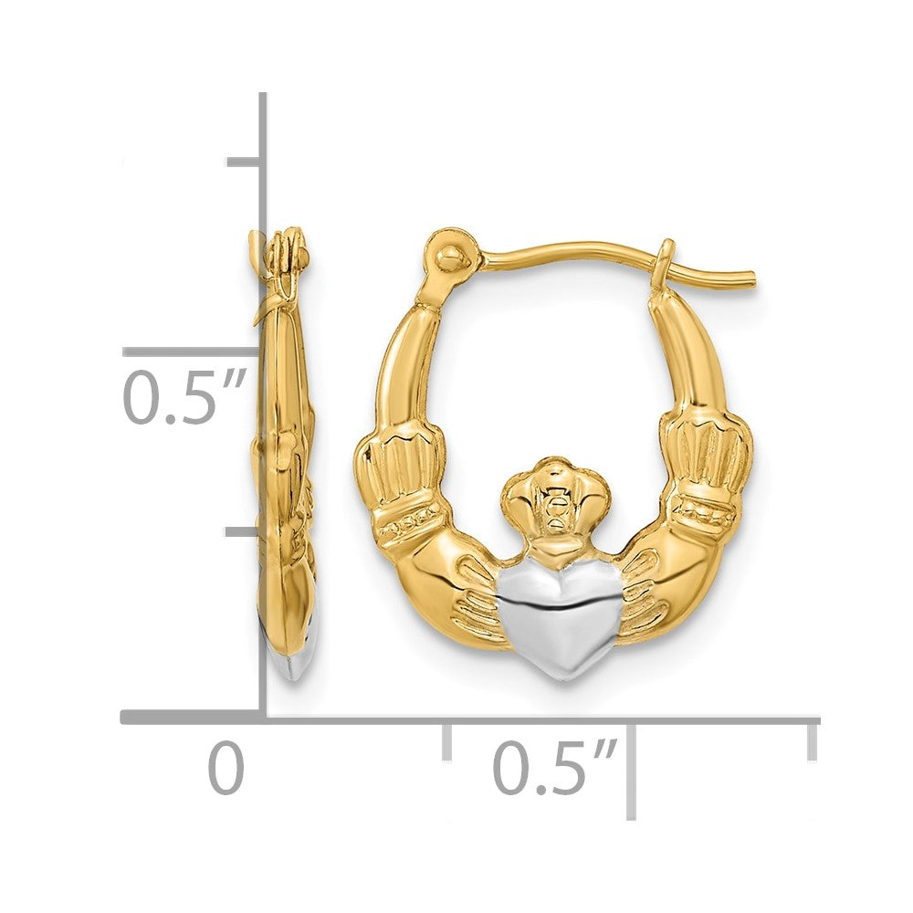 14k w/White Rhodium Polished Claddagh Hoops