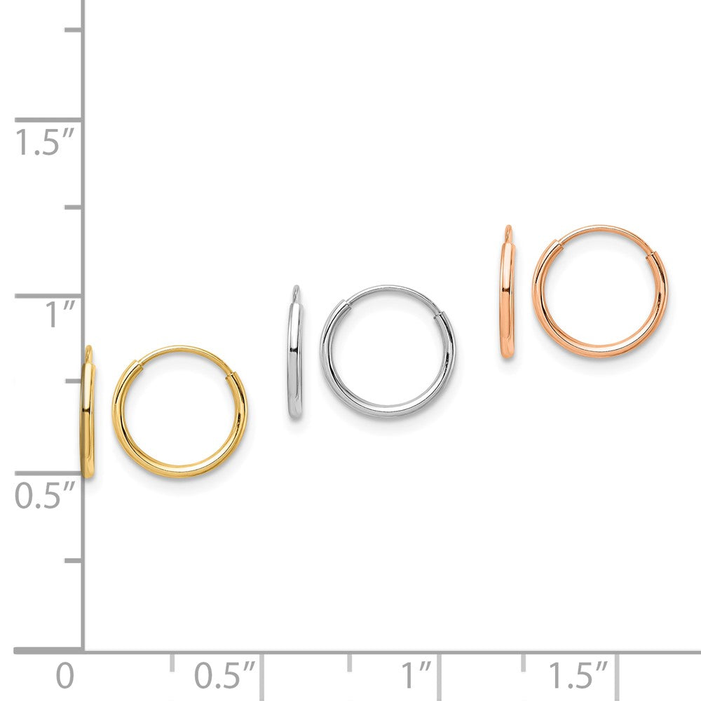 14K Tri Color 3-pair Hoop Earrings Set