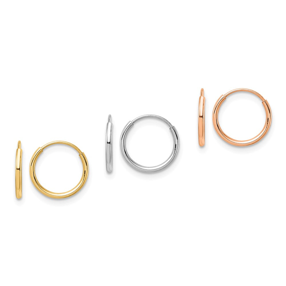 14K Tri Color 3-pair Hoop Earrings Set