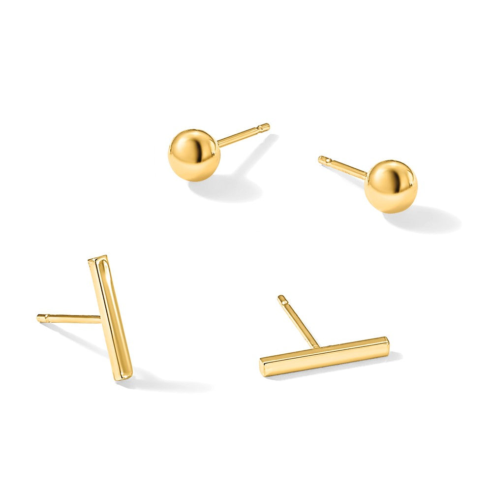 14K Bar and 3mm Ball Post Earrings Set