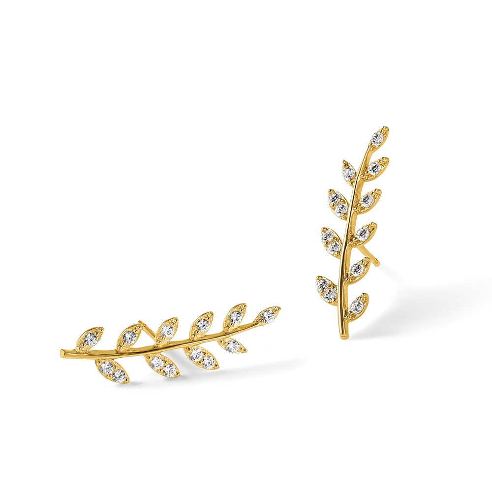 14K CZ Fern Ear Climber Earrings