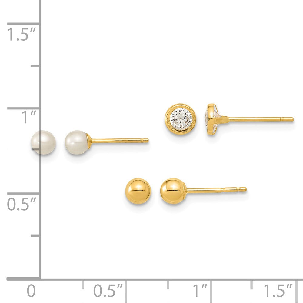 14K Polished Set of Ball Post Pearl and CZ Bezel 3 Pair Earrings Set