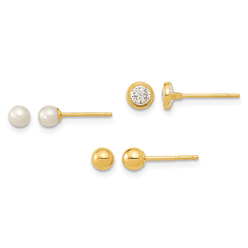 14K Polished Set of Ball Post Pearl and CZ Bezel 3 Pair Earrings Set