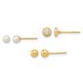 14K Polished Set of Ball Post Pearl and CZ Bezel 3 Pair Earrings Set