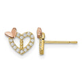 14k Two-tone CZ Heart w/Butterfly Post Earrings