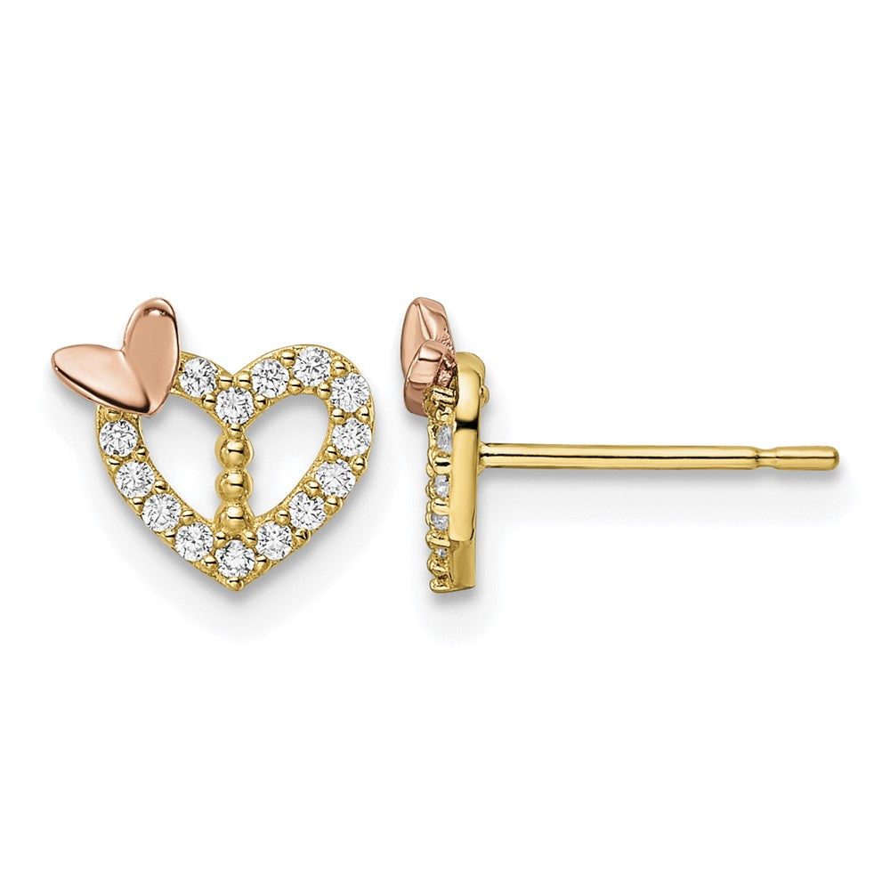 14k Two-tone CZ Heart w/Butterfly Post Earrings