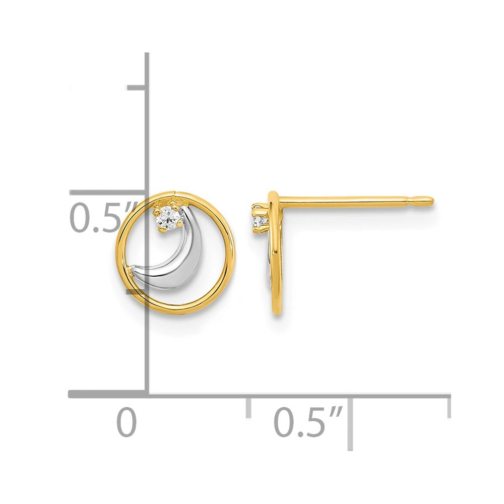 14K Gold White Rhodium Open Circle CZ Half Moon Post Earrings
