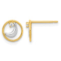 14K Gold White Rhodium Open Circle CZ Half Moon Post Earrings