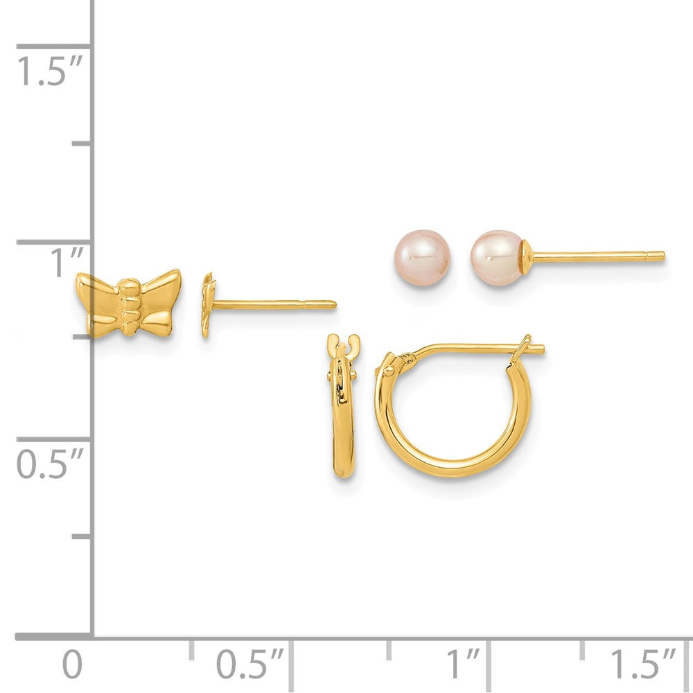 14K Butterfly FW Cultured Pearl and Hoop 3 Pair Earrings Set