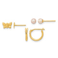 14K Butterfly FW Cultured Pearl and Hoop 3 Pair Earrings Set