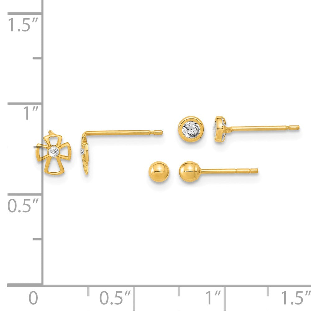 14K Polished Set of Ball Post Cross and CZ Bezel 3 Pair Earrings Set