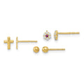 14K Polished Set of Ball Post CZ Flowers and Cross 3 Pair Earrings Set