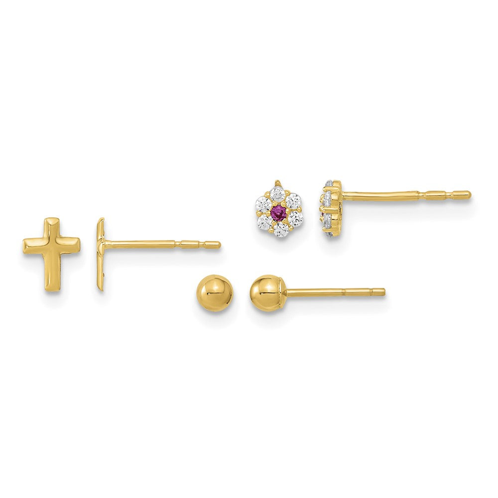 14K Polished Set of Ball Post CZ Flowers and Cross 3 Pair Earrings Set