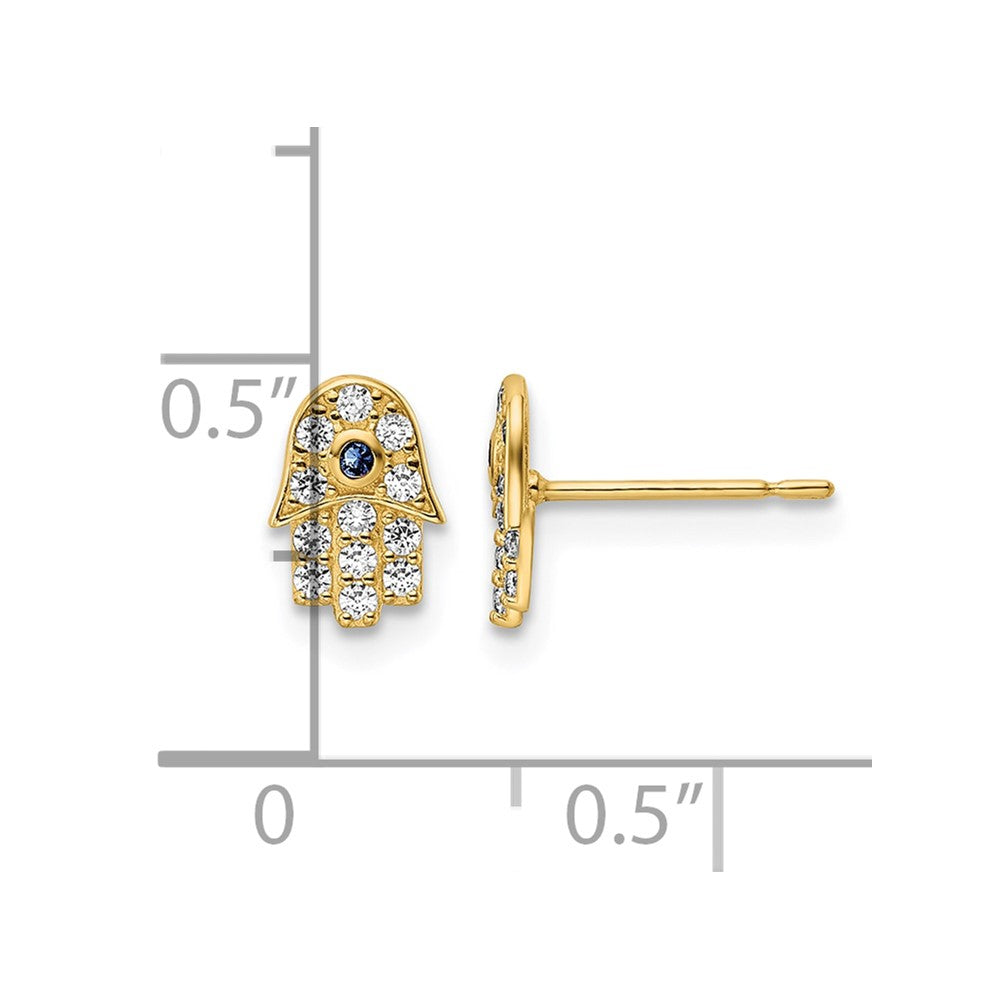 14k CZ & Blue Glass Stone Hamsa Post Earrings