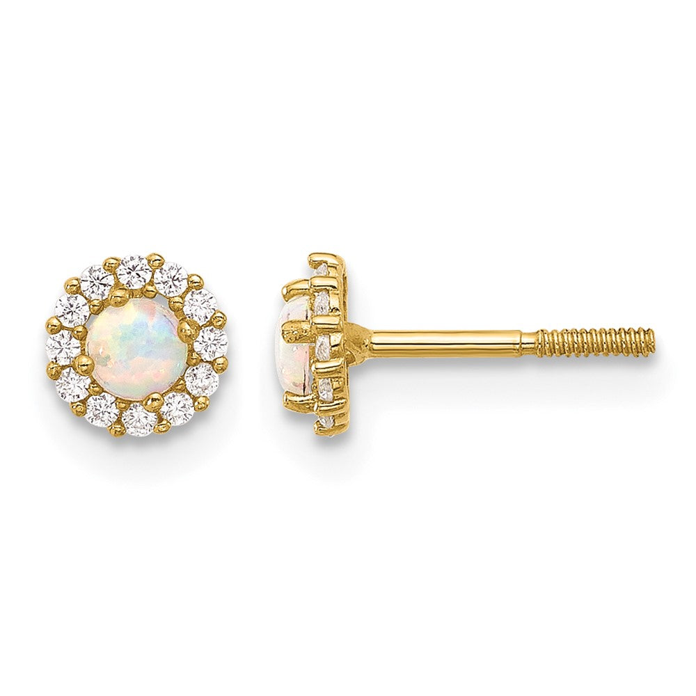 14K Polished CZ and Created Opal Circle Screwback Post Earrings