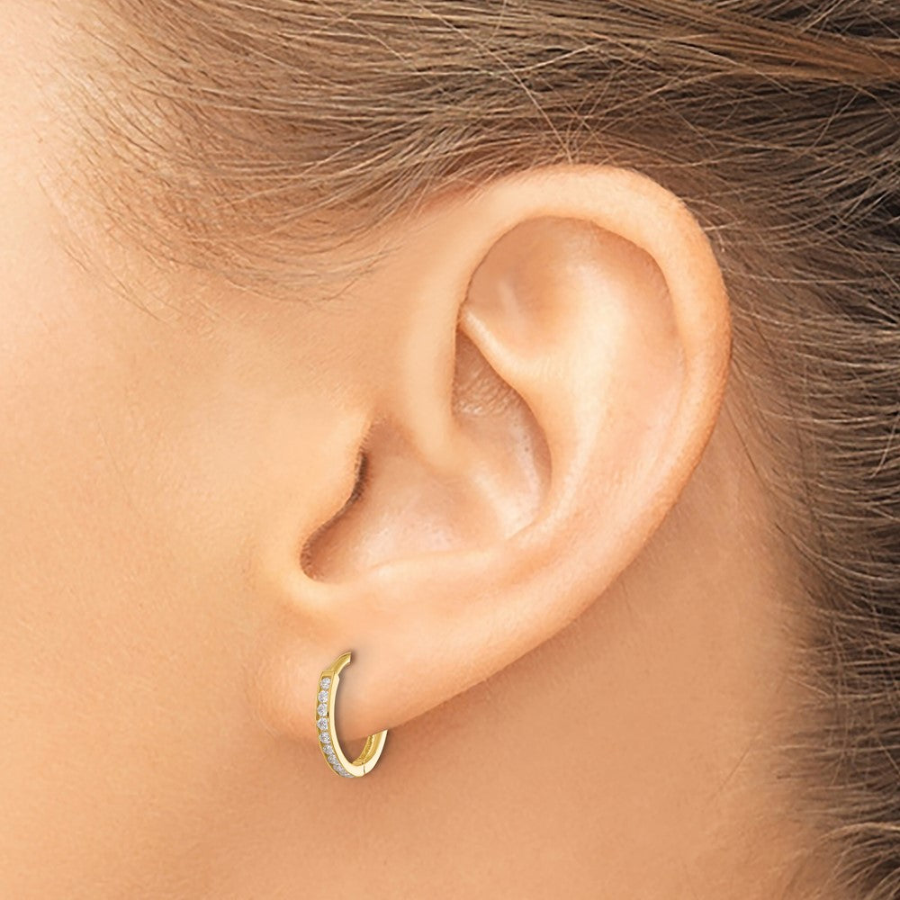 14k Polished CZ and D/C 1.5mm Huggie Hoop Earrings